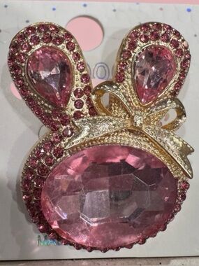Crystal Bunny Brooch with Gold Bow - Pink